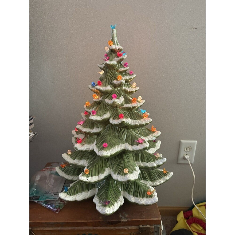 Vintage Atlantic Mold 20” Ceramic Christmas Tree Snow Flocked Lighted Birds 18”W